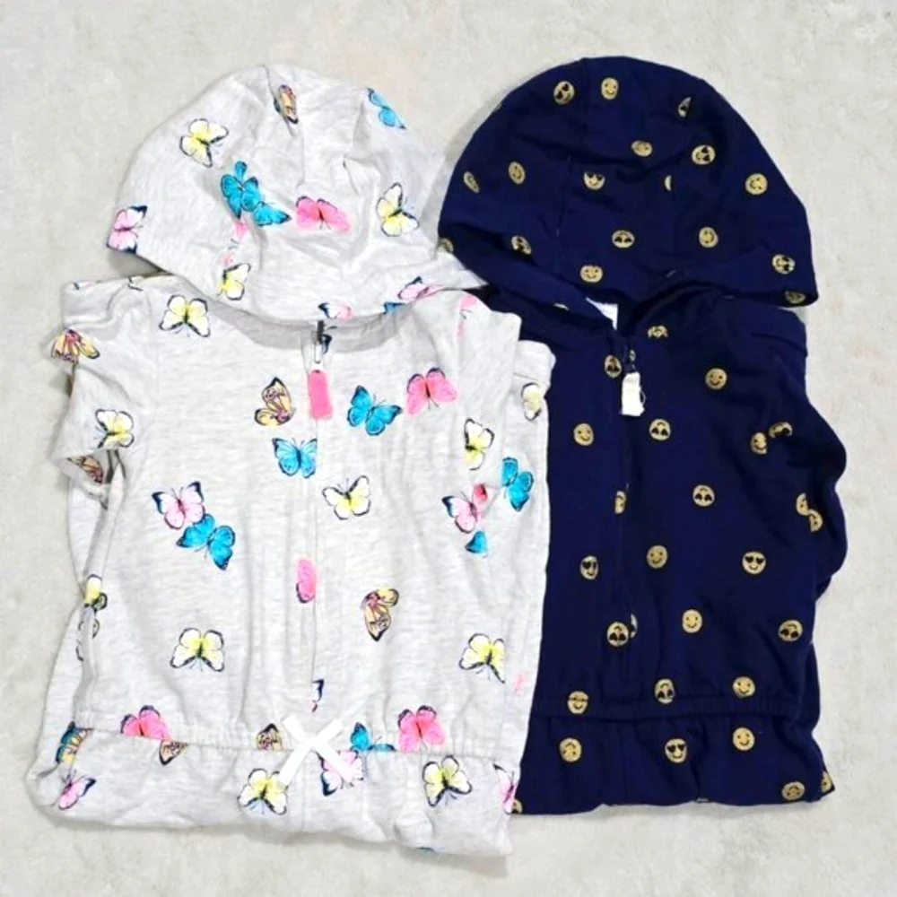 Carters Baby Girls Hooded Romper Jumpsuit 2 Pack Butterfly Smiley Face EUC 12M